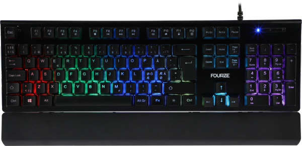 FOURZE GK100 X-switch Semi-Mechanical Gaming keyboard seen from the front with RGB
