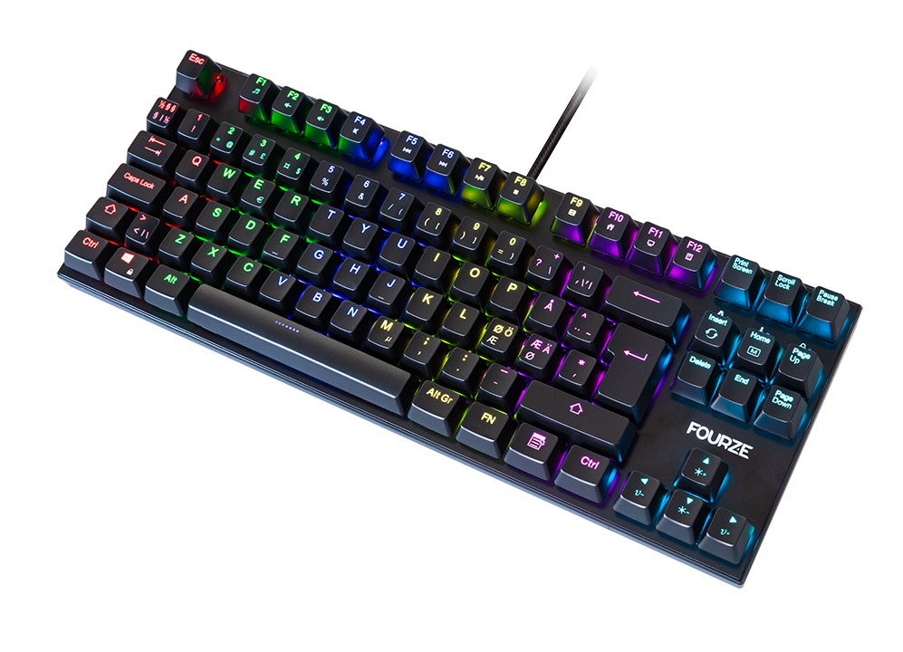 FOURZE GK110 Blue Switch Mechanical Keyboard seen from the top, tilted with RGB